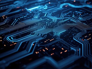 Futuristic Digital Circuit Board Background with Glowing Geometric Patterns and Neon Lighting