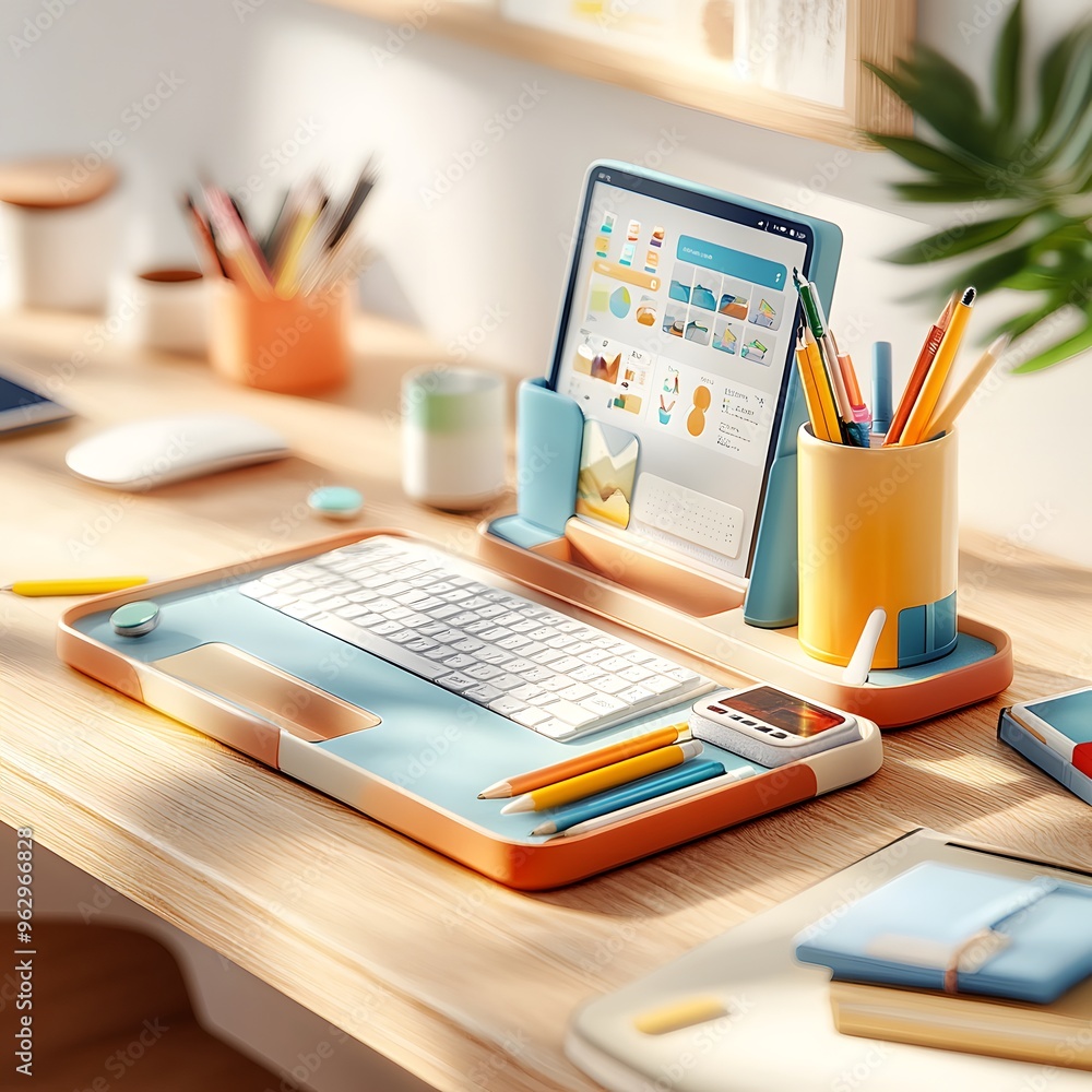 Poster modern desk workspace with tablet and keyboard.