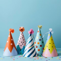 Party hats and horn blowers with color stripes and dots for birthday celebration 

