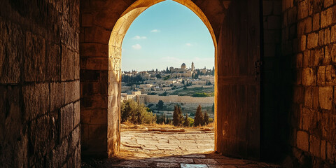 Fototapeta premium Ancient gate, arch entrance in brick wall with view of ancient city
