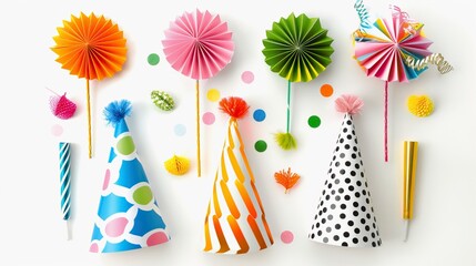 Party hats and horn blowers with color stripes and dots for birthday celebration 
