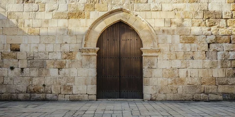 Ancient gate, arch entrance in brick wall with view of ancient city. Entrance to Jerusalem