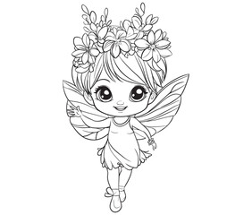 Coloring page of a cute fairy silhouette line art vector 