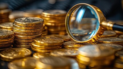 Magnifying Glass Examining Stacks of Shining Gold Coins