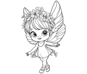 Coloring page of a cute fairy silhouette line art vector 