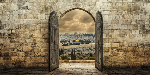 Fototapeta premium Ancient gate, arch entrance in brick wall with view of ancient city. Entrance to Jerusalem
