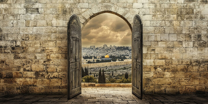 Ancient gate, arch entrance in brick wall with view of ancient city. Entrance to Jerusalem