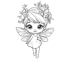 Fototapeta premium Coloring page of a cute fairy silhouette line art vector 