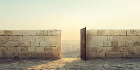 Fototapeta premium Ancient gate, entrance in brick wall with view of ancient city. Entrance to Jerusalem
