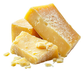 Freshly cut artisan cheese blocks isolated on transparent background