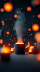 A cauldron steams and glows, surrounded by glowing bottles on a dark background.
