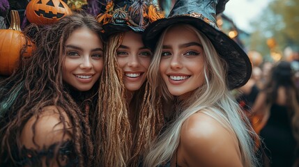 Fototapeta premium Three beautiful women in Halloween costumes, smiling at the camera with pumpkins in the background.