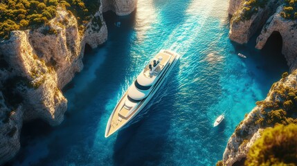 Aerial view of a luxury yacht navigating through crystal-clear blue waters, surrounded by rocky cliffs, representing luxury travel and exploration