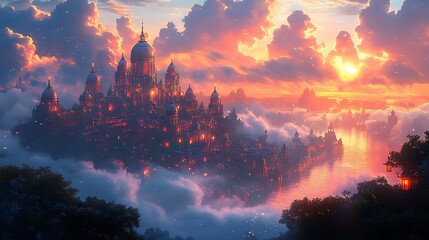 A majestic floating city with glowing windows nestled in clouds as the sun sets creating a dramatic, fiery sky.