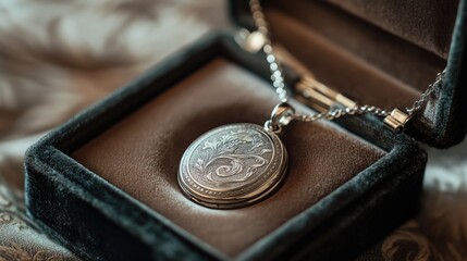Close-up of an engraved locket, featuring a custom photo inside, delicately arranged in a luxurious box, perfect for a thoughtful and personal gift.