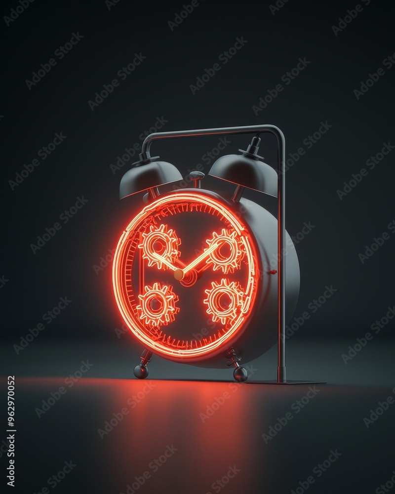 Poster a glowing red alarm clock with gears inside the clock face. the clock is set against a dark backgrou