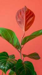 Philodendron tropical leaves on coral color background minimal summer