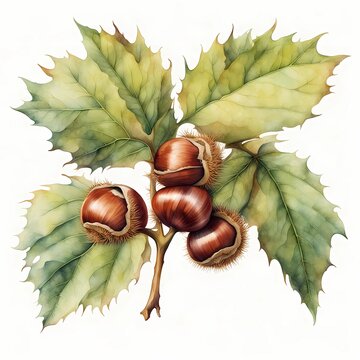 chestnuts and leaves watercolor on white clip art preview