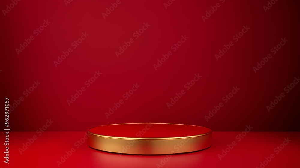 Poster a gold cylindrical platform rests on a red surface, creating a minimalist and elegant backdrop.