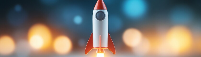 A toy rocket launching into a blurred background of colorful lights.