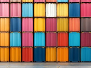 Fototapeta premium A wall of colorful shipping containers, stacked high, creating a vibrant abstract pattern.