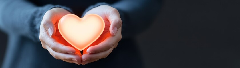 Fototapeta premium A warm glowing heart held gently in hands, symbolizing love, kindness, and compassion against a dark background.