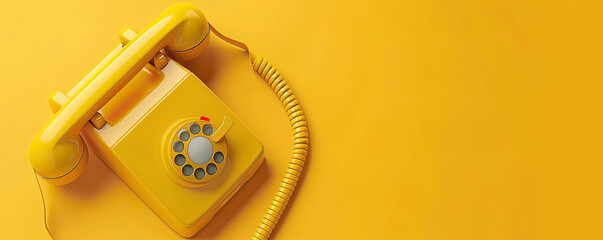Yellow rotary dial phone on a yellow background. Minimalist, vintage, and retro.