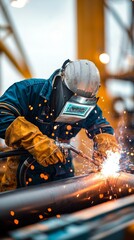 A welder wearing protective gear works on a metal pipe, sparks flying in the air.