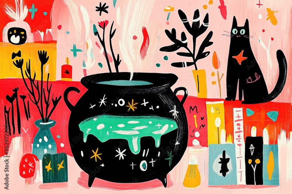 Wall mural witch’s cauldron bubbling with potion, surrounded by mystical spell books and black cat, drawing