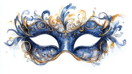 Watercolor painting of a blue and gold masquerade mask with intricate details.