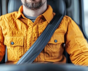 Close-up of a man wearing a seatbelt while driving.