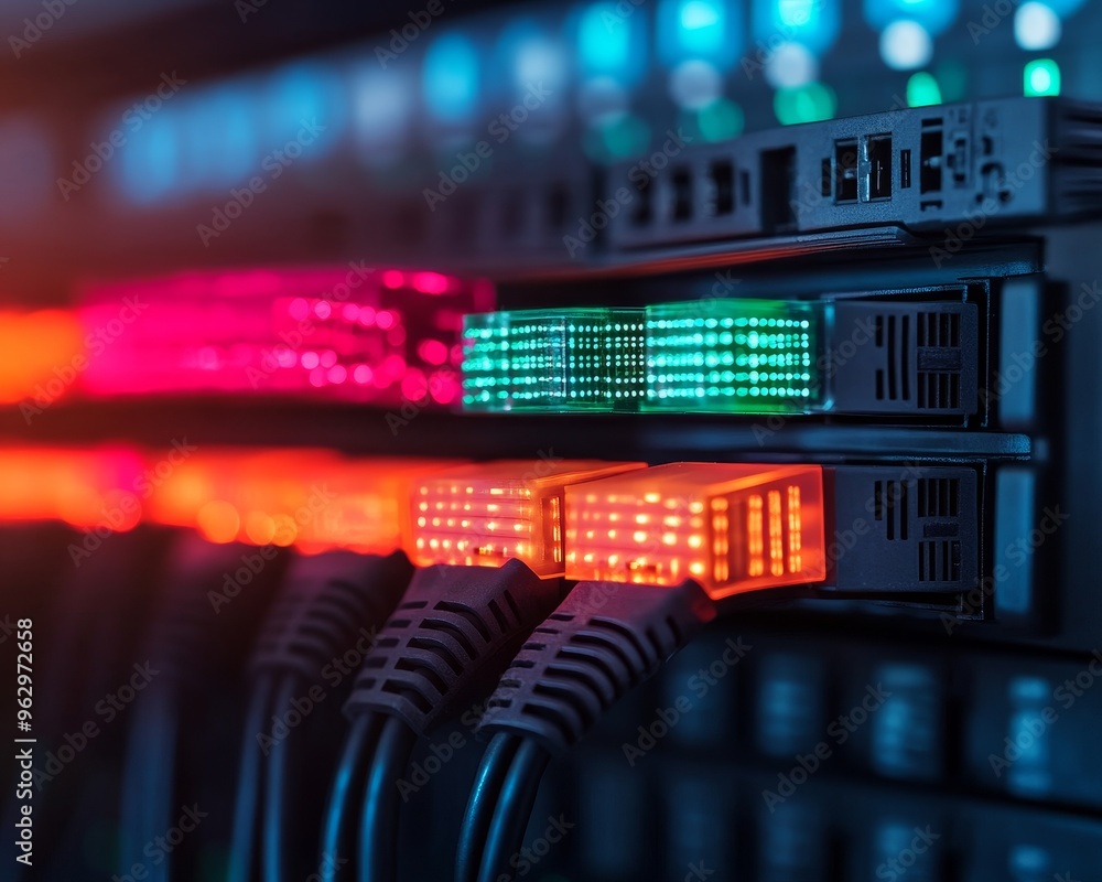 Aufkleber close-up of network cables connected to a server rack, glowing with red and green lights in a data c