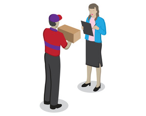 vector design cartoon illustration of a delivery man in a hat and red and black shirt delivering goods or boxes to a female customer who is signing as a receipt