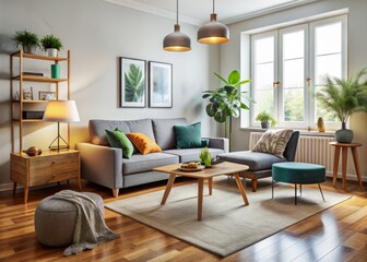 A small living room is cluttered with a couch, chair, table, ottoman, and floor lamp, the space is