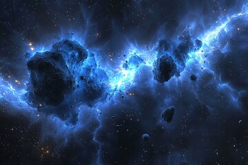 Cosmic Nebula with Bright Blue Swirling Clouds in Deep Space