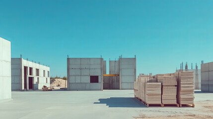 modern modular building blocks neatly arranged on a construction site, with a clear blue sky