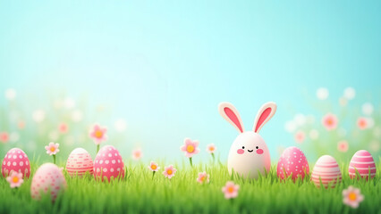 Fototapeta premium Cute easter card with flowers and eggs and copy space