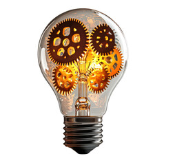 Glowing light bulb with intricate gears inside, symbolizing creativity, innovation, and the fusion of technology and art, cutout, png