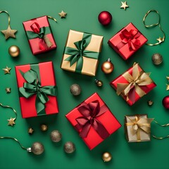 Conceptual top view image of Christmas presents featuring red, green, and gold decorations inside gift boxes with ribbon bows. generative ai