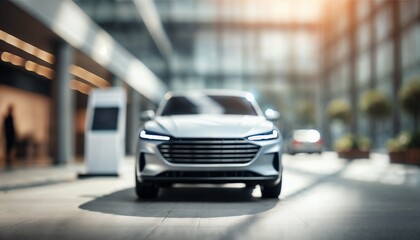 Modern luxury car in showroom with blurred background and bright lighting