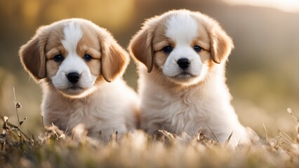 two golden puppies on grass