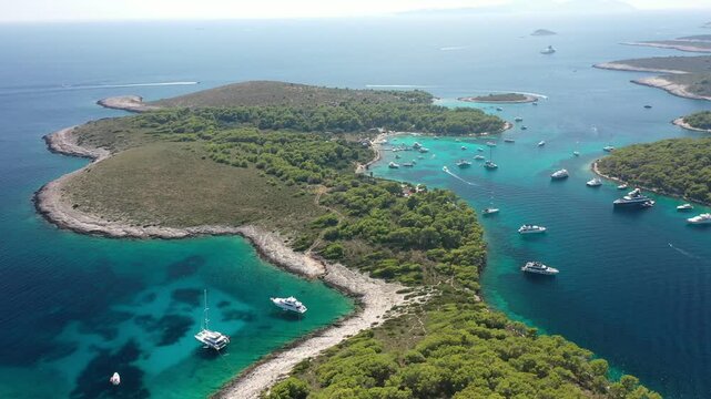 Aerial drone view of Pakleni Otoci, a scenic archipelago near Hvar, Croatia