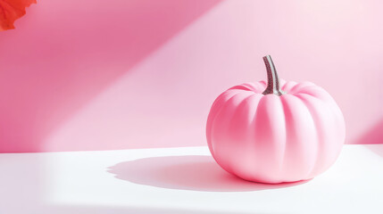 Obraz premium Elegant pastel pink pumpkin in the corner on clean light background. Invitation mockup, copy space. Generative AI