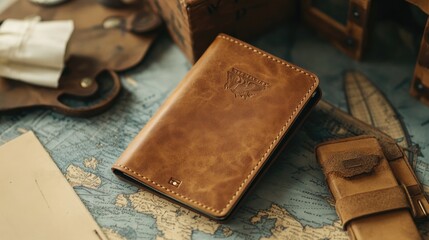 Personalized leather passport holder with engraved details, presented in a travel-themed gift box, a chic and practical gift for frequent travelers.