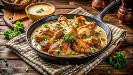 A steaming hot plate of golden chicken wings, garnished with parsley, rests on a rustic wooden table amidst