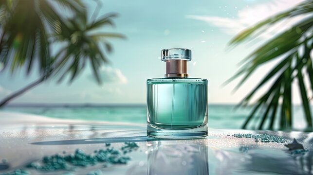 Stylish presentation of expensive men's perfumes against the background of a blue lagoon and palm trees. Advertising layout of men's perfume with notes of sea breeze