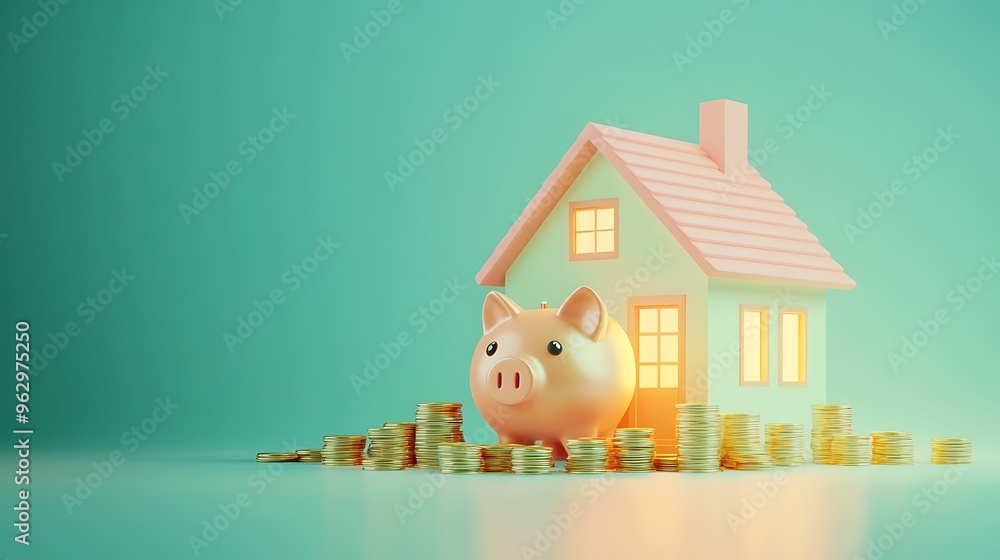 Wall mural Financial Growth Concept - Minimalist 3D Piggy Bank and House Model Surrounded by Coins on Pastel Green Background with Soft Evening Light