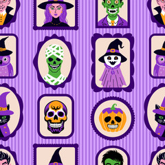 Seamless pattern with cute characters in simple style. Halloween theme.