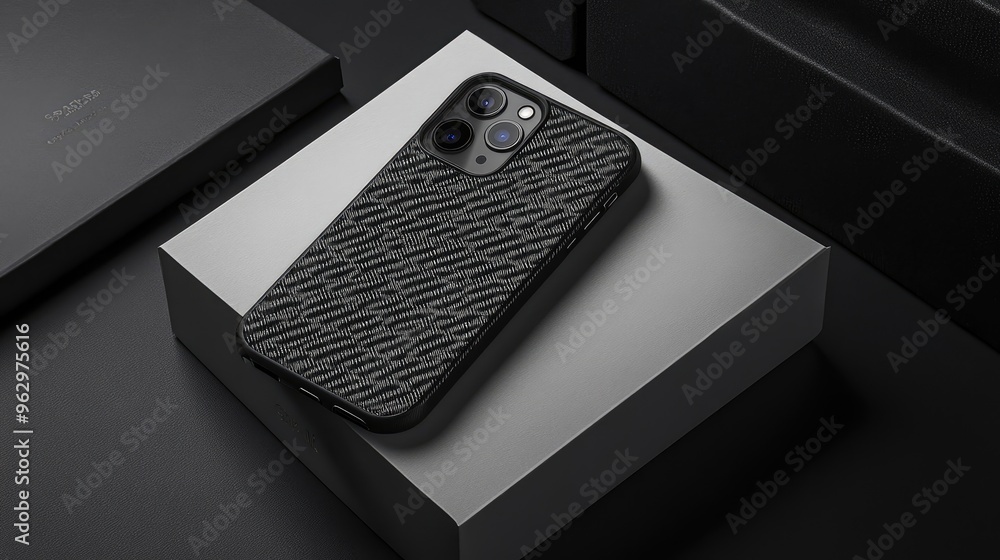 Poster personalized smartphone case with sleek lines and a custom message, presented in high-end packaging 