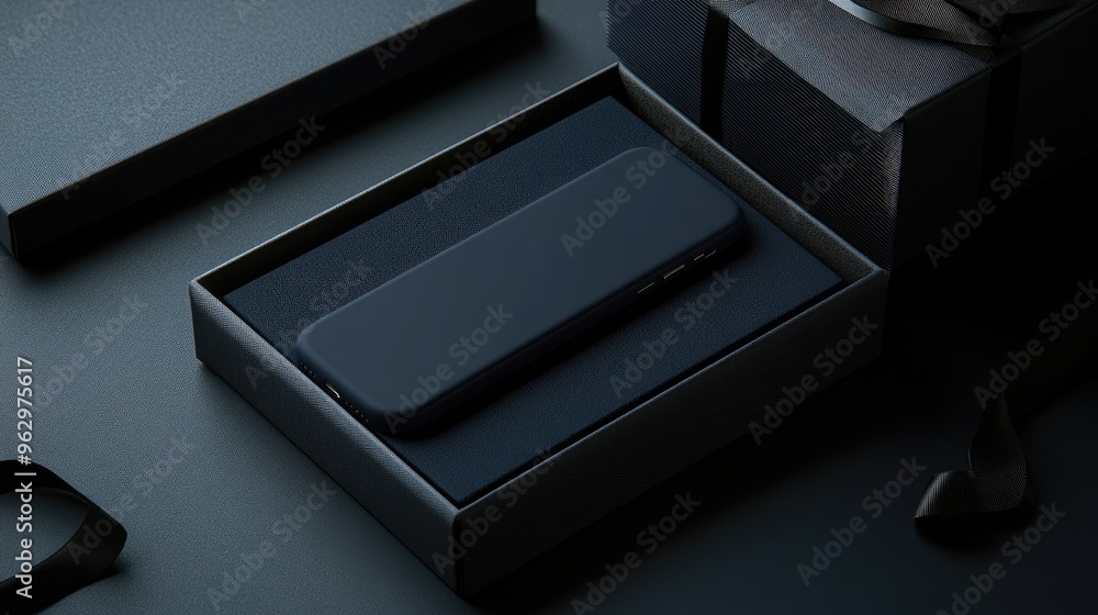 Poster personalized smartphone case with sleek lines and a custom message, presented in high-end packaging 